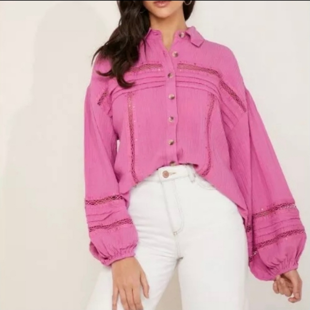 NWT Free People Purple Button Down Ballon Sleeve
